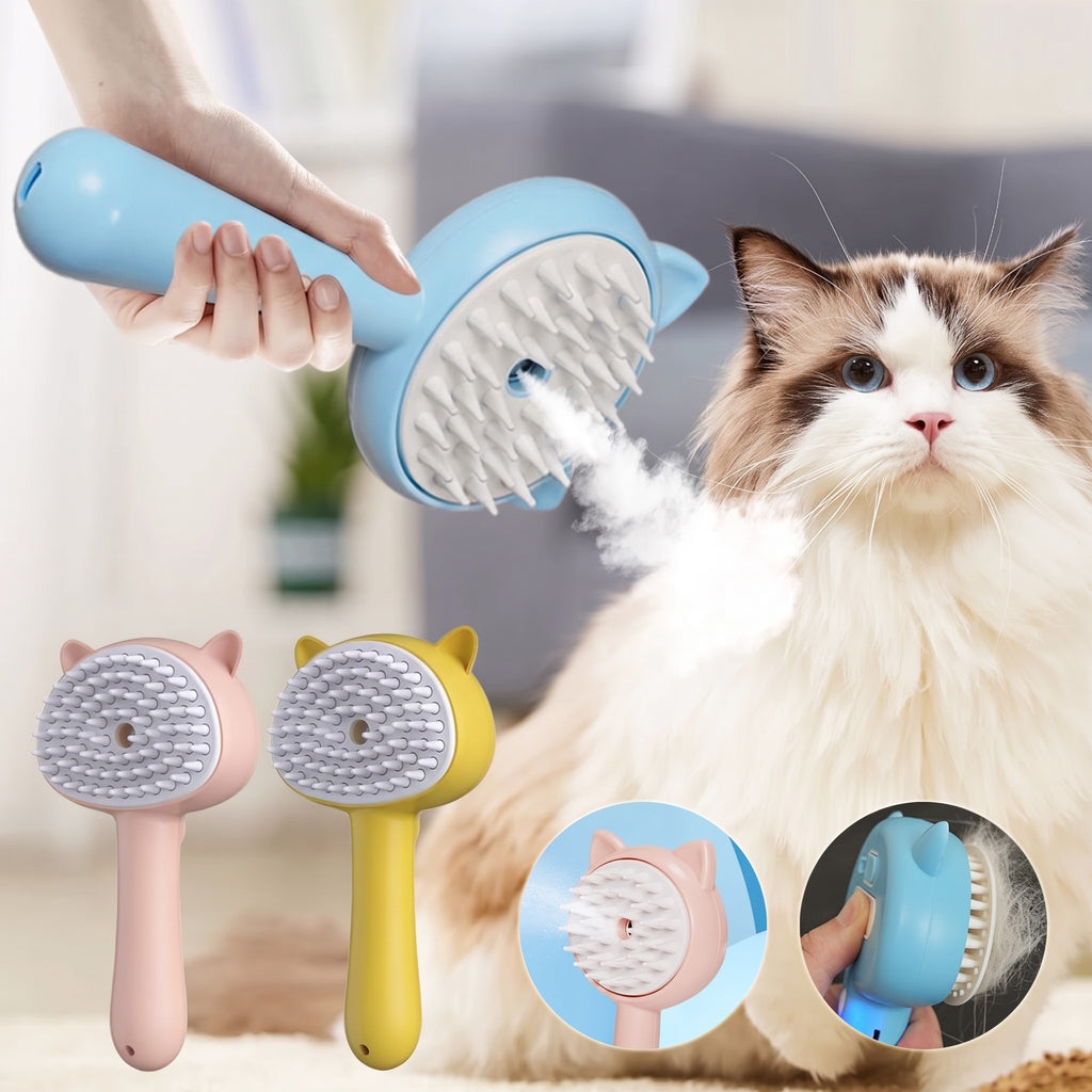 Brosse vapeur Poilou bleue tenue en main devant un chat ragdoll, avec les coloris rose et jaune