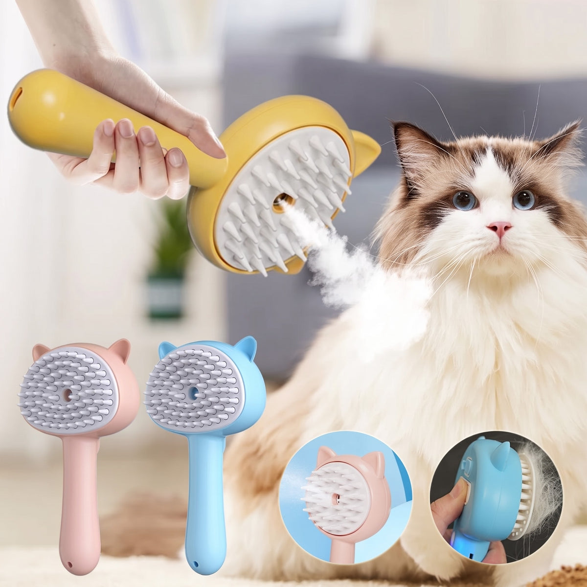 Brosse vapeur Poilou jaune tenue en main devant un chat ragdoll, avec les coloris rose et bleu